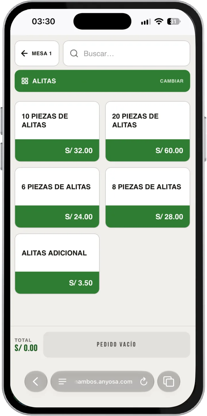 Un celular con Anyosa abierto en el navegador, tomando el pedido de la mesa 1 en la categoría Alitas, con el precio de cada opción a la vista.